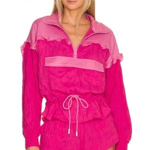 85 Free People Let's Go Out Pink Ruffle Jacket  Medium NWOT RETAIL 128.00